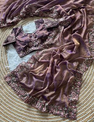 Lavender  Color Embroidery Sequence Work Silk Saree 3
