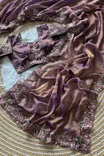 Lavender  Color Embroidery Sequence Work Silk Saree