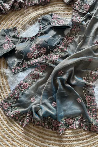 Blue Color Embroidery Sequence Work Silk Saree