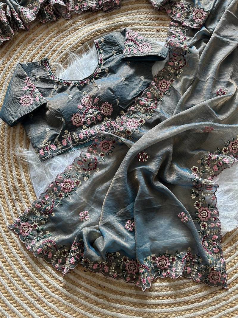 Blue Color Embroidery Sequence Work Silk Saree