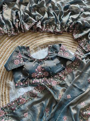 Blue Color Embroidery Sequence Work Silk Saree 2