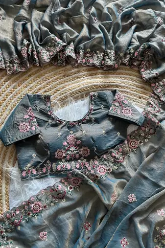 Blue Color Embroidery Sequence Work Silk Saree