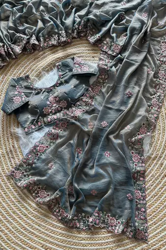 Blue Color Embroidery Sequence Work Silk Saree
