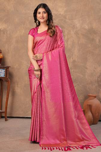 pink silk blend floral woven zari design saree with blouse piece
