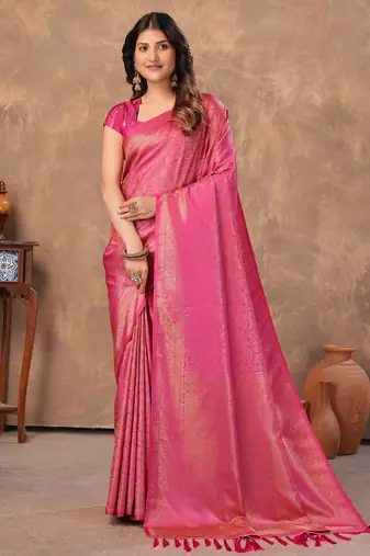 pink silk blend floral woven zari design saree with blouse piece
