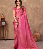 pink silk blend floral woven zari design saree with blouse piece