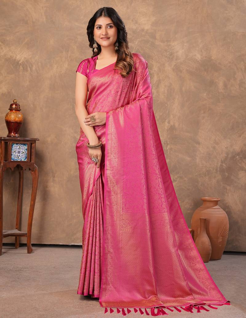 pink silk blend floral woven zari design saree with blouse piece