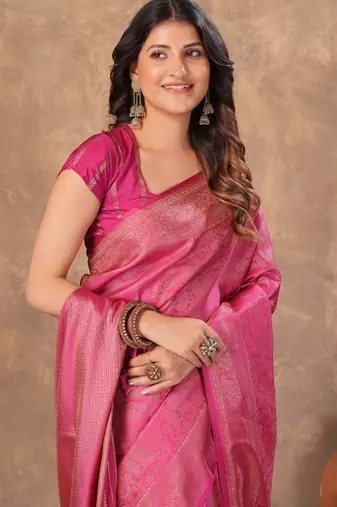 pink silk blend floral woven zari design saree with blouse piece