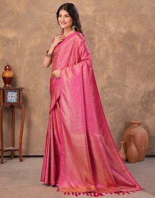 pink silk blend floral woven zari design saree with blouse piece 3