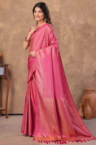 pink silk blend floral woven zari design saree with blouse piece