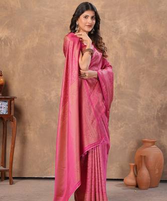 pink silk blend floral woven zari design saree with blouse piece 4