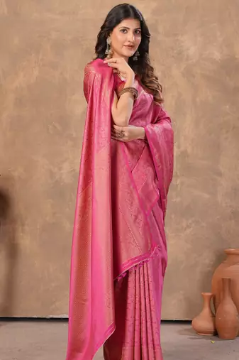 pink silk blend floral woven zari design saree with blouse piece