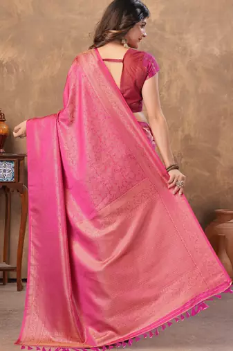 pink silk blend floral woven zari design saree with blouse piece