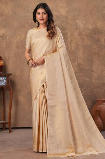 offwhite silk blend floral woven zari design saree with blouse piece