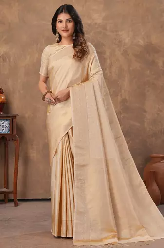 offwhite silk blend floral woven zari design saree with blouse piece
