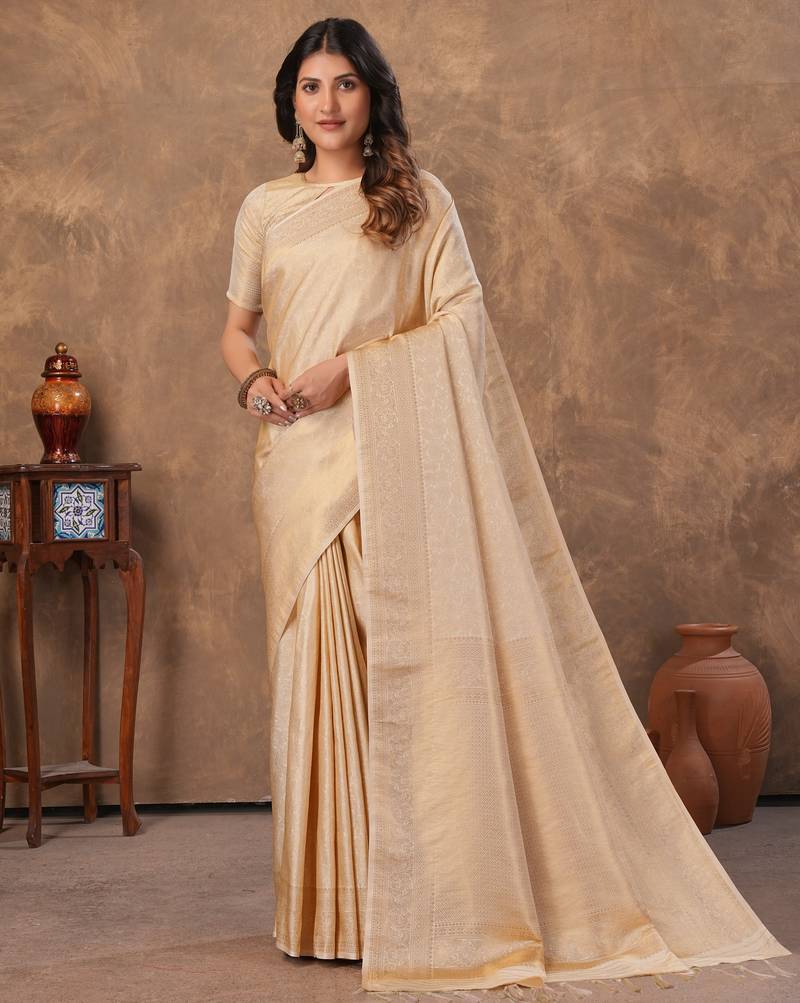 offwhite silk blend floral woven zari design saree with blouse piece