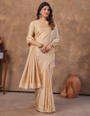 offwhite silk blend floral woven zari design saree with blouse piece 3