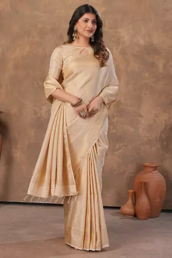 offwhite silk blend floral woven zari design saree with blouse piece