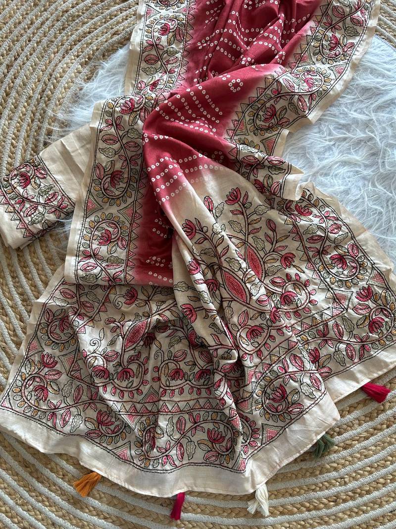 Red Color Digital Bandhani  Printed  And Katha Work Silk Saree