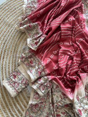 Red Color Digital Bandhani  Printed  And Katha Work Silk Saree 4
