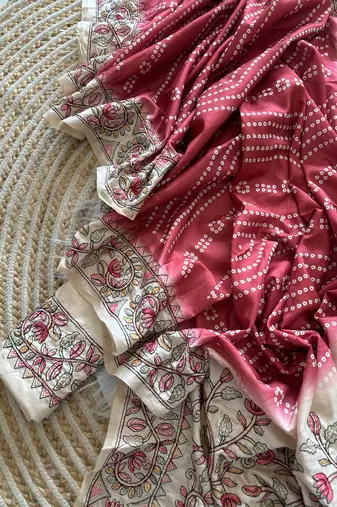 Red Color Digital Bandhani  Printed  And Katha Work Silk Saree