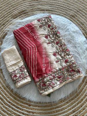Red Color Digital Bandhani  Printed  And Katha Work Silk Saree 5