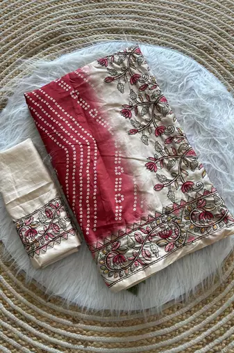 Red Color Digital Bandhani  Printed  And Katha Work Silk Saree