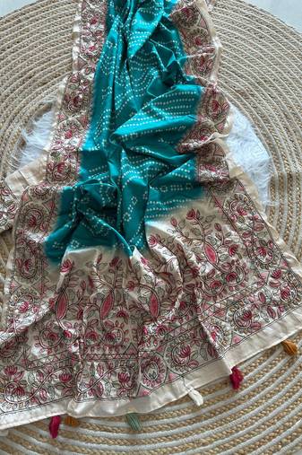 Blue Color Digital Bandhani  Printed  And Katha Work Silk Saree