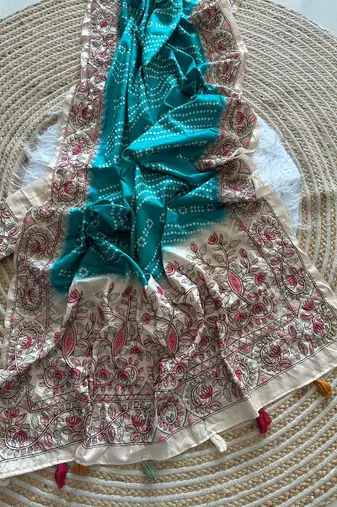 Blue Color Digital Bandhani  Printed  And Katha Work Silk Saree