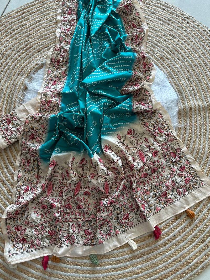 Blue Color Digital Bandhani  Printed  And Katha Work Silk Saree