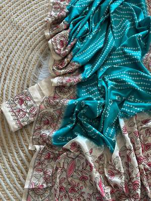 Blue Color Digital Bandhani  Printed  And Katha Work Silk Saree 4