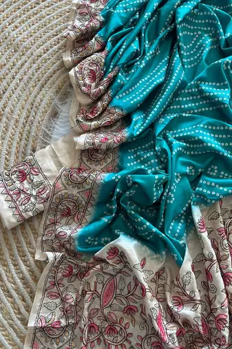 Blue Color Digital Bandhani  Printed  And Katha Work Silk Saree