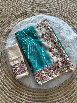Blue Color Digital Bandhani  Printed  And Katha Work Silk Saree 5