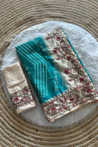 Blue Color Digital Bandhani  Printed  And Katha Work Silk Saree