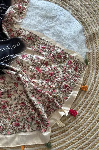  Navy Blue Color Digital Bandhani  Printed  And Katha Work Silk Saree
