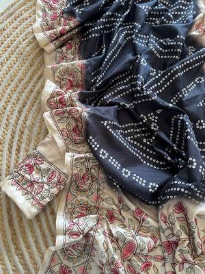  Navy Blue Color Digital Bandhani  Printed  And Katha Work Silk Saree 4