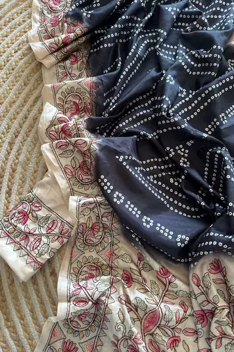  Navy Blue Color Digital Bandhani  Printed  And Katha Work Silk Saree