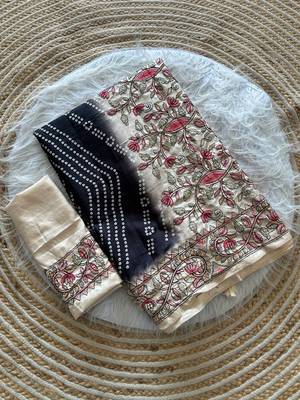  Navy Blue Color Digital Bandhani  Printed  And Katha Work Silk Saree 5