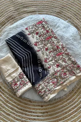  Navy Blue Color Digital Bandhani  Printed  And Katha Work Silk Saree