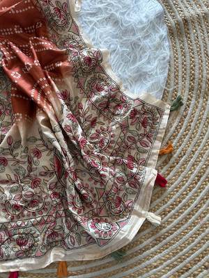 Brown  Color Digital Bandhani  Printed  And Katha Work Silk Saree 2