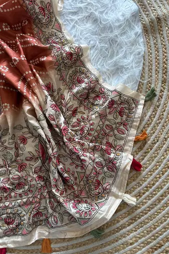 Brown  Color Digital Bandhani  Printed  And Katha Work Silk Saree