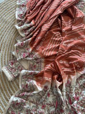 Brown  Color Digital Bandhani  Printed  And Katha Work Silk Saree 4