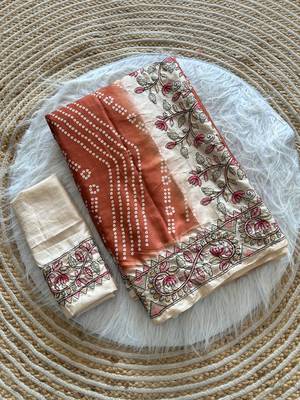 Brown  Color Digital Bandhani  Printed  And Katha Work Silk Saree 5