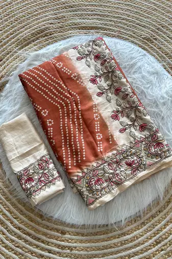 Brown  Color Digital Bandhani  Printed  And Katha Work Silk Saree