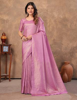 lavender silk blend floral woven zari design saree with blouse piece 1