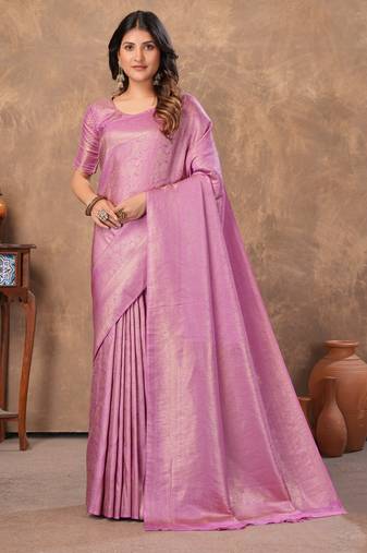 lavender silk blend floral woven zari design saree with blouse piece