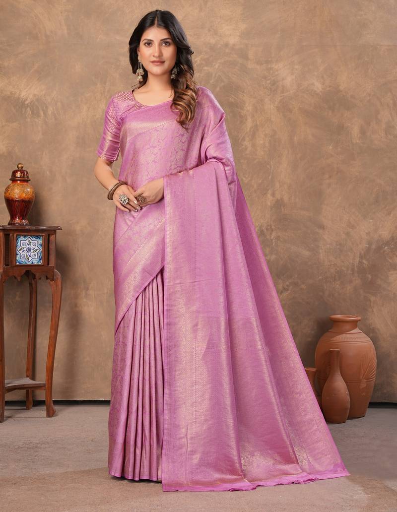 lavender silk blend floral woven zari design saree with blouse piece