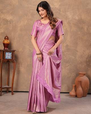 lavender silk blend floral woven zari design saree with blouse piece 2