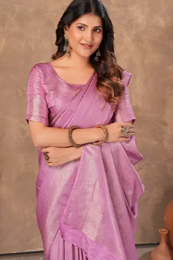 lavender silk blend floral woven zari design saree with blouse piece