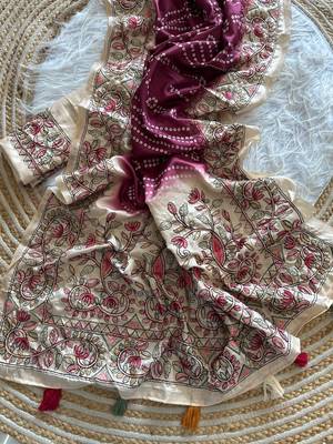 Magenta Color Digital Bandhani  Printed  And Katha Work Silk Saree 2